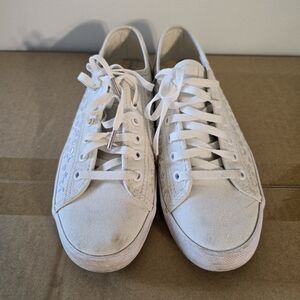 White KEDS canvas sneakers with iridescent elements